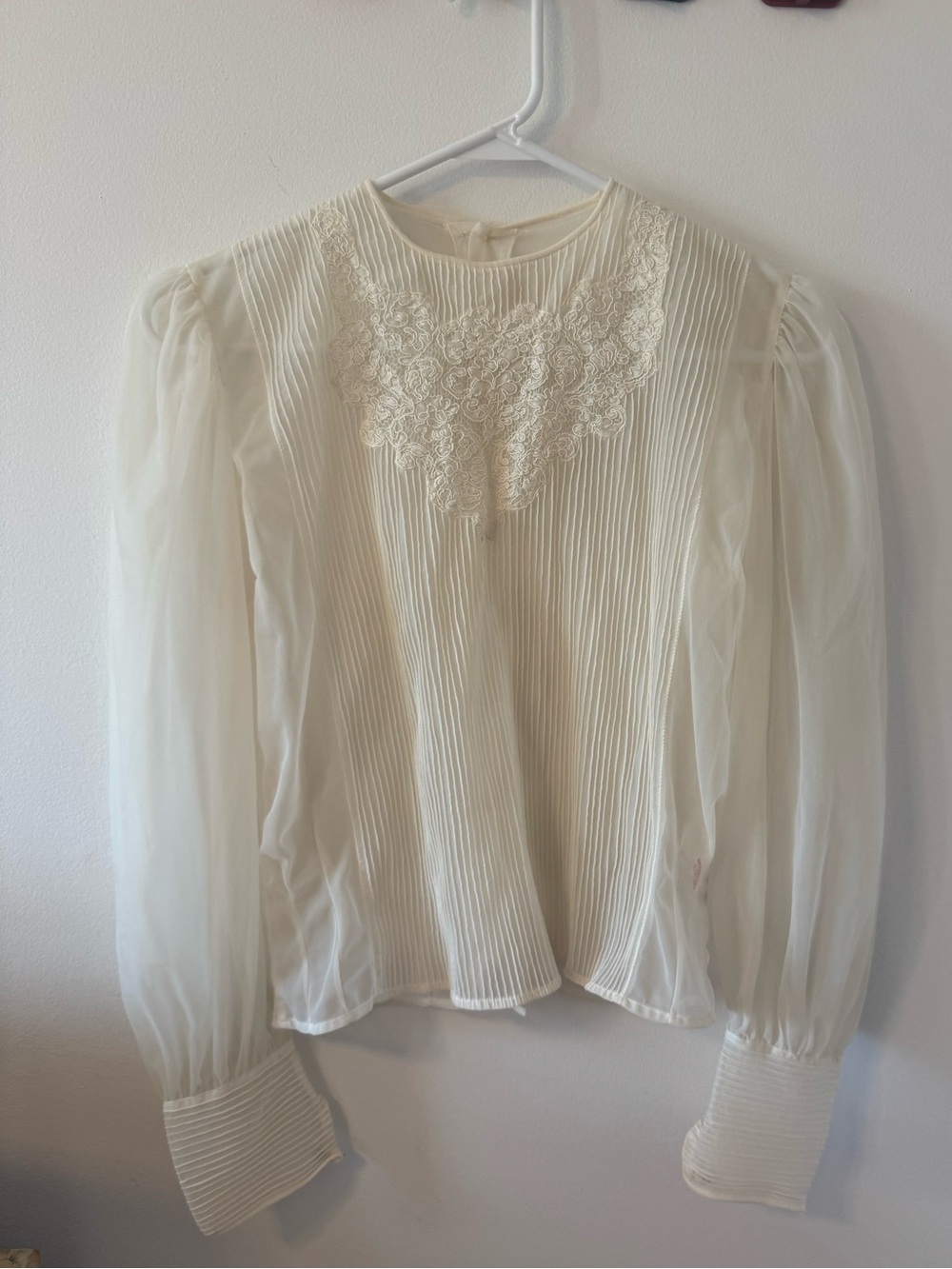 Betsey Johnson Ivory Sheer Lace Yoke Pleated Blouse